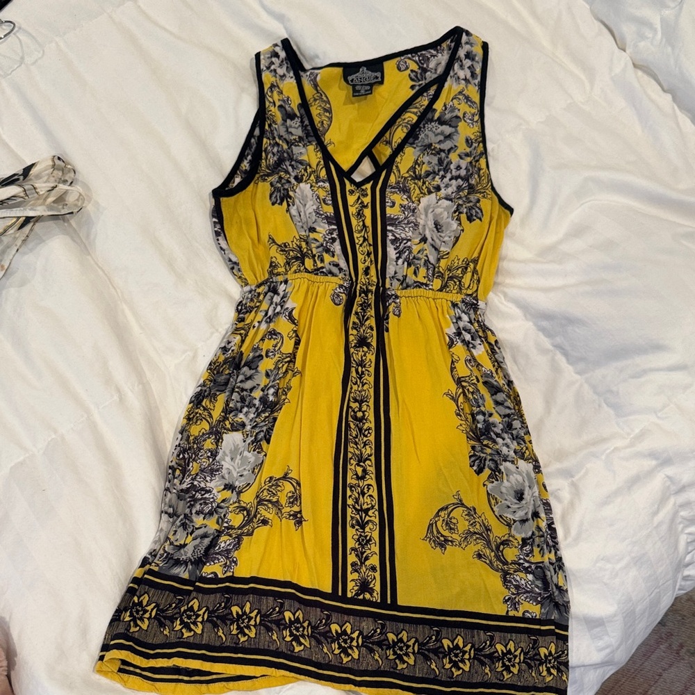 Angie  Yellow and Black Floral Midi Dress